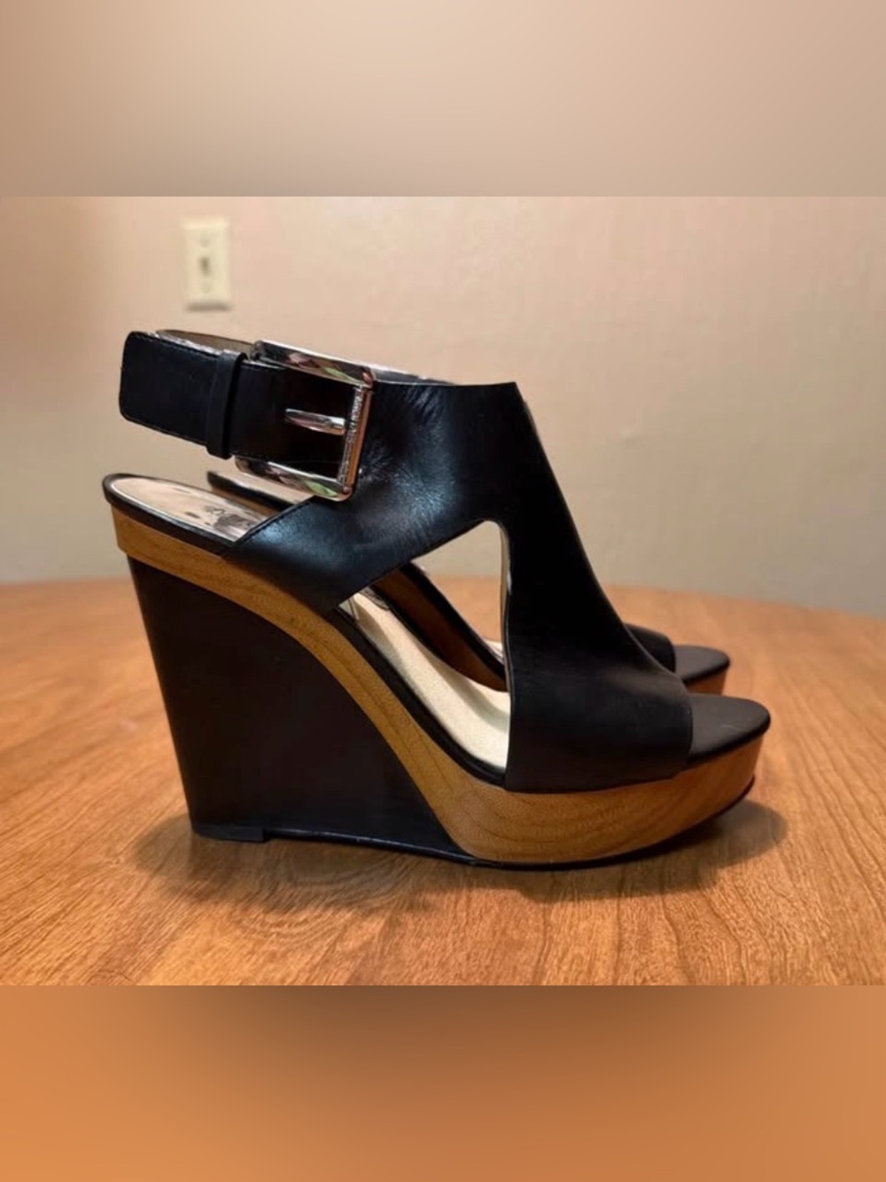 Michael Kors Black Leather Wedge Sandals with Wood-Effect Platform